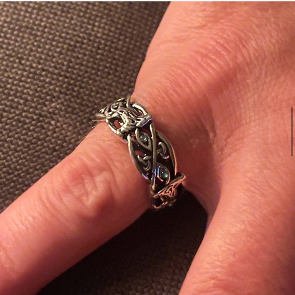 925 Sterling Silver Blue Topaz Celtic Wolf Ring - Picture 8 of 14